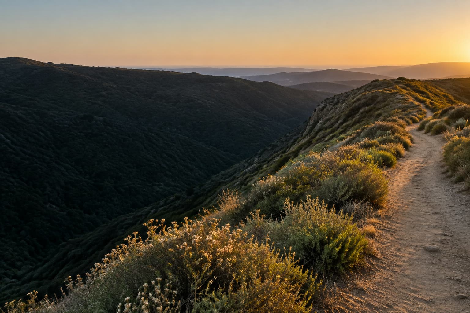 Aliso Viejo hills at dusk, a sunlit ridge of coastal sage on the right, with a shaded canyon filling the left.