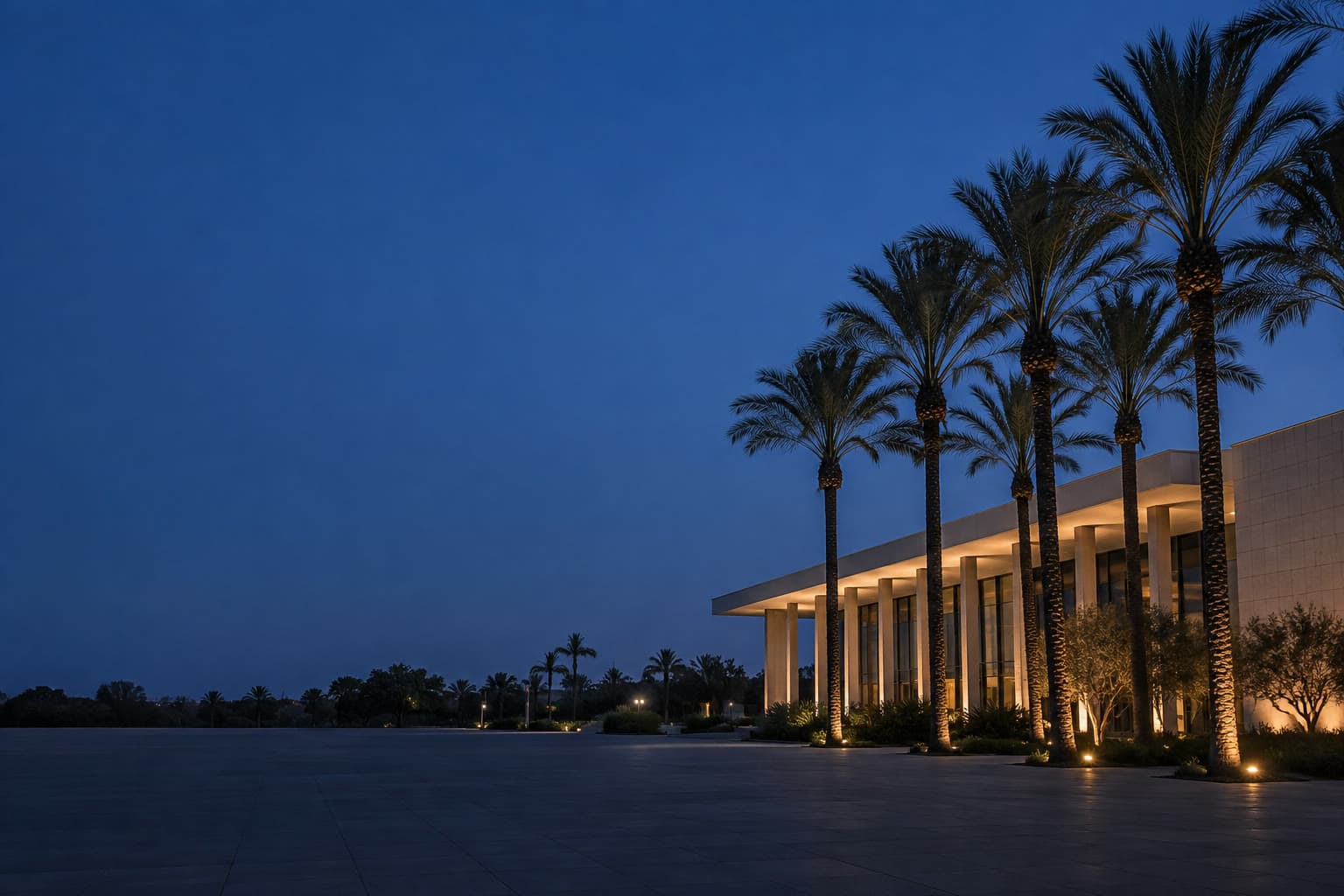 Anaheim at blue hour, a low civic building and tall palms on the right, with a dark empty plaza filling the left.