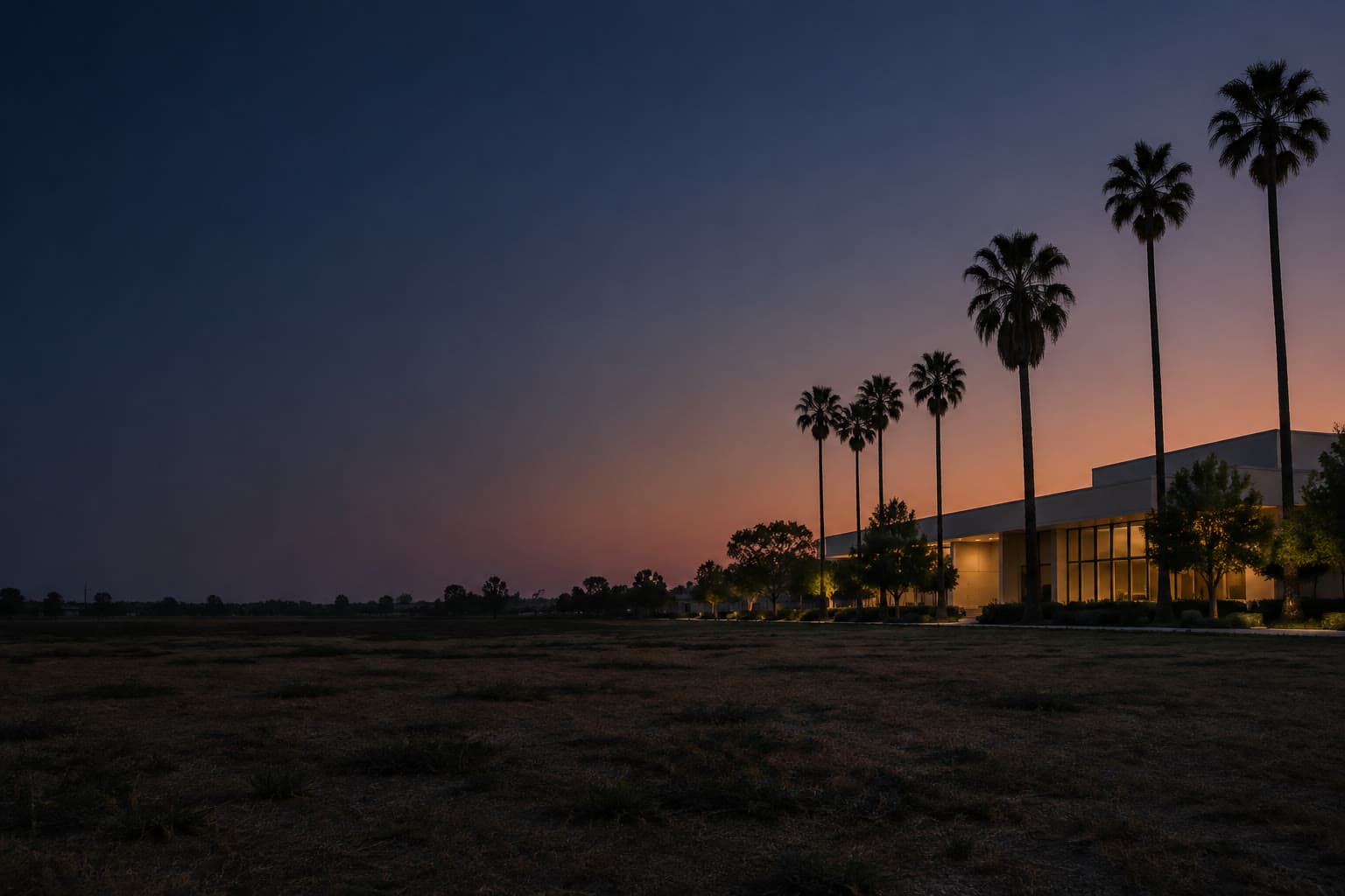 Costa Mesa at dusk, palms and a low lit building on the right, with a dark open field filling the left.