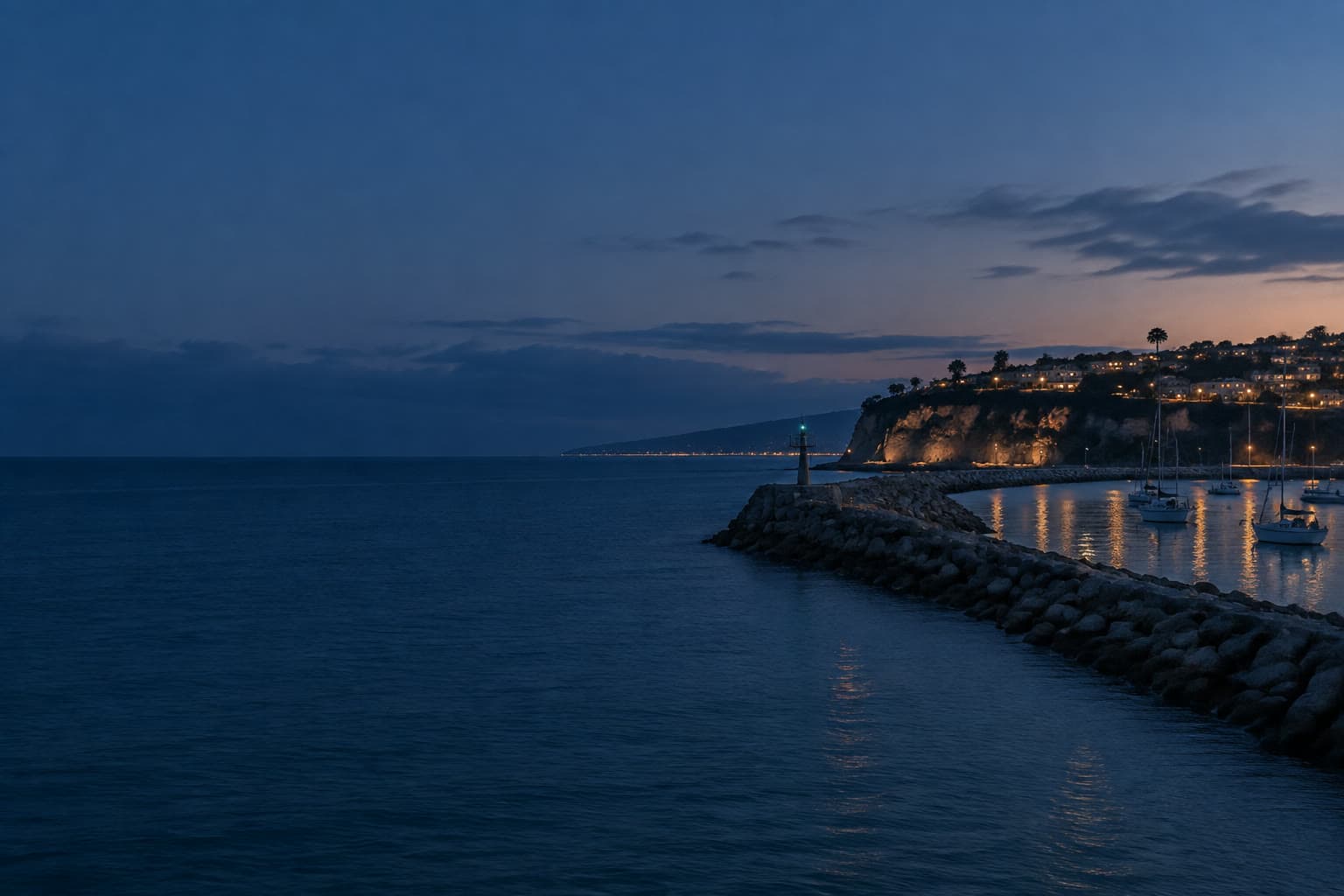 Dana Point harbor at blue hour, a rock breakwater and a lit headland on the right, and dark open water on the left.