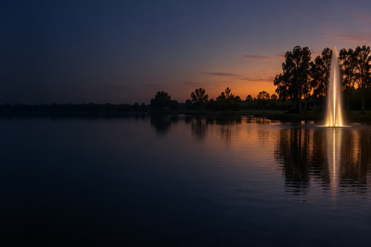 Fountain Valley at dusk, a fountain jet and a far tree line on the right, with a dark park lake filling the left.