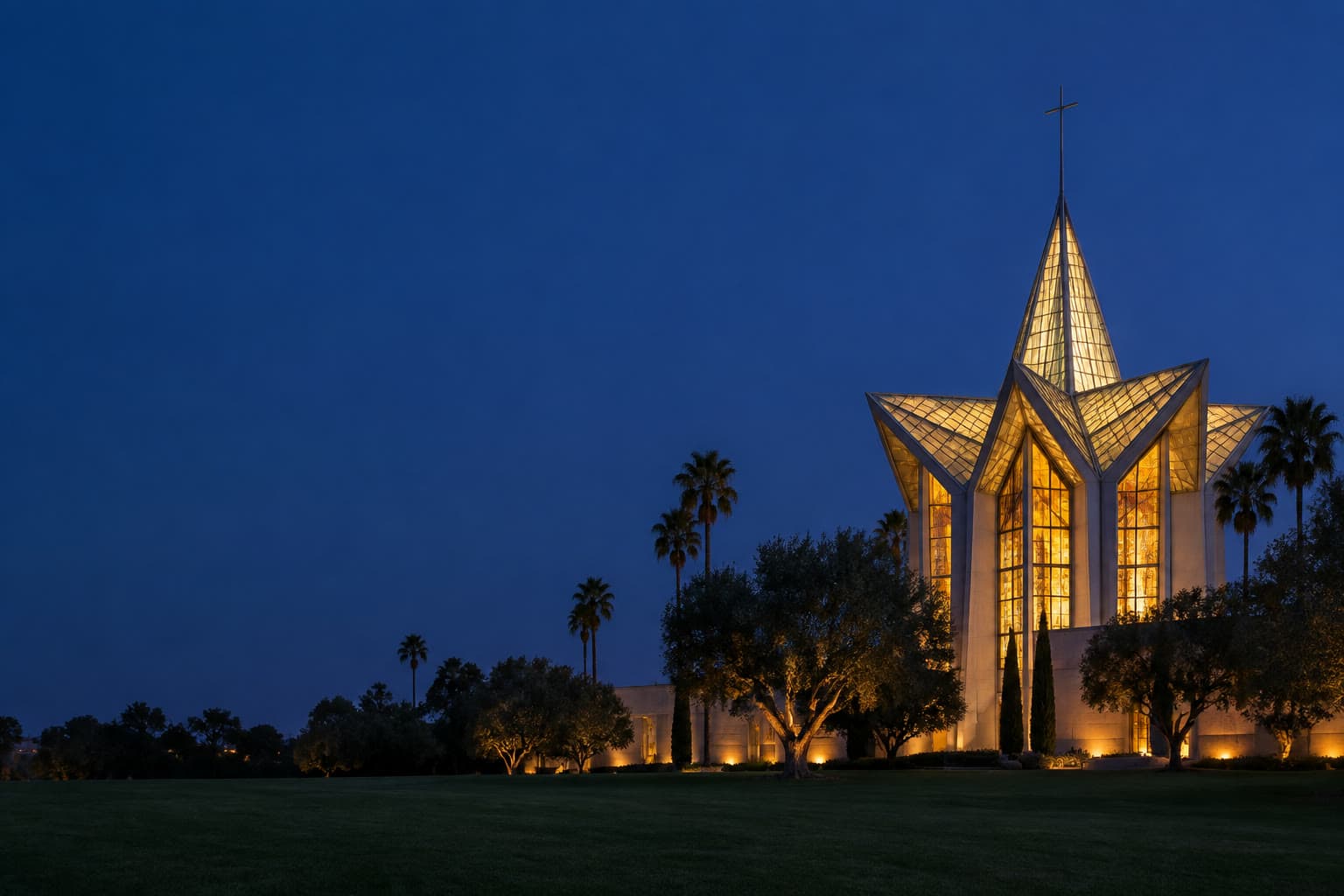 Garden Grove at blue hour, a star-shaped glass cathedral roof on the right, seen across a dark lawn that fills the left.