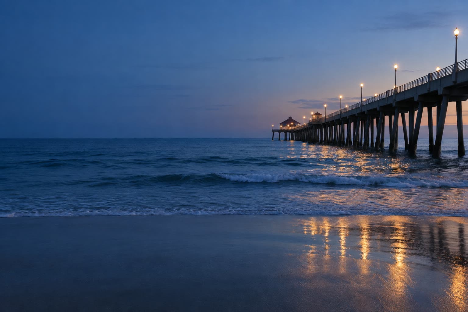 Huntington Beach Pier at dusk, its lamps lit, running out over calm Pacific swells beside wet sand.