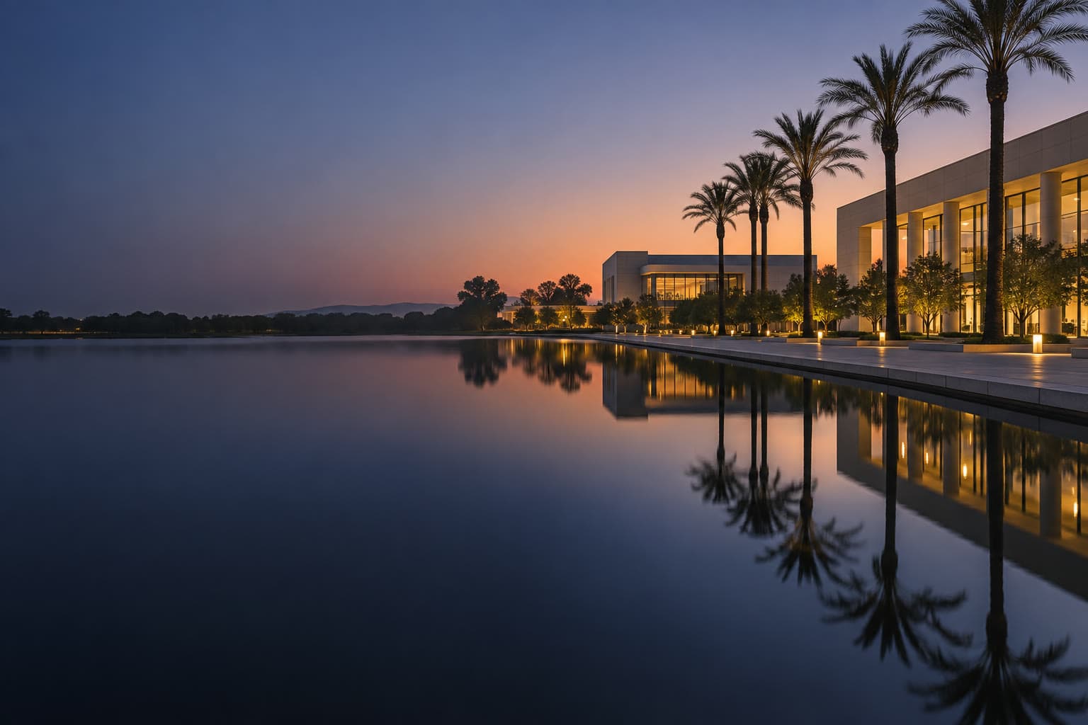Irvine civic center at dusk, low buildings and palms reflected on the right, with a dark pool of water filling the left.