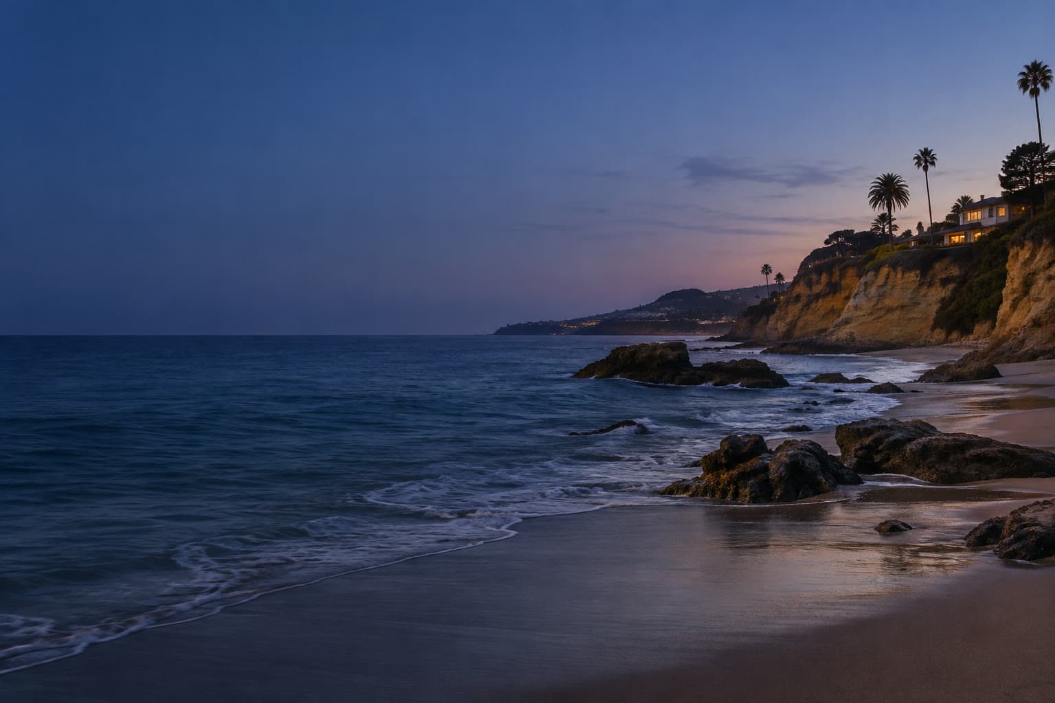 Laguna Beach at blue hour, sandstone cliffs and a rocky cove on the right, with dark Pacific water filling the left.