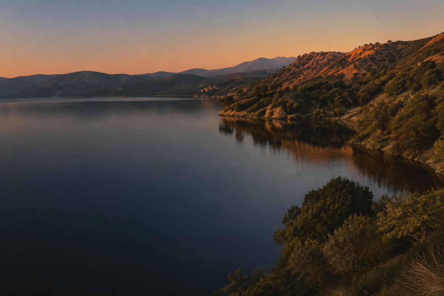 Lake Forest, California at dusk, oak-covered hills on the right meeting dark still water that fills the left.