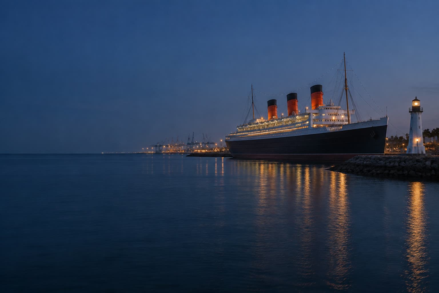 Long Beach harbor at blue hour, a historic ocean liner and a small lighthouse on the right, with dark water filling the left.