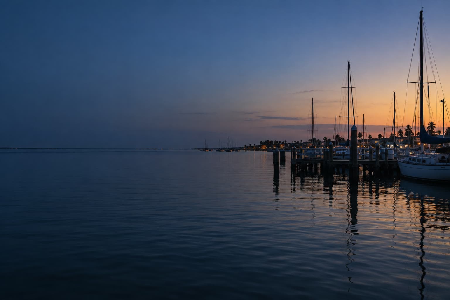 Newport Beach harbor at blue hour, sailboat masts along a pier on the right, and calm dark water filling the left of the frame.