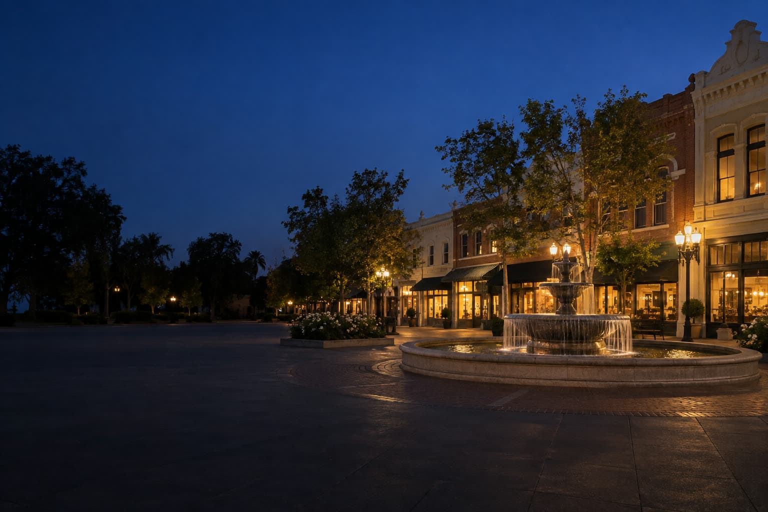 The Orange plaza at blue hour, a round fountain and old storefronts on the right, with dark pavement filling the left.