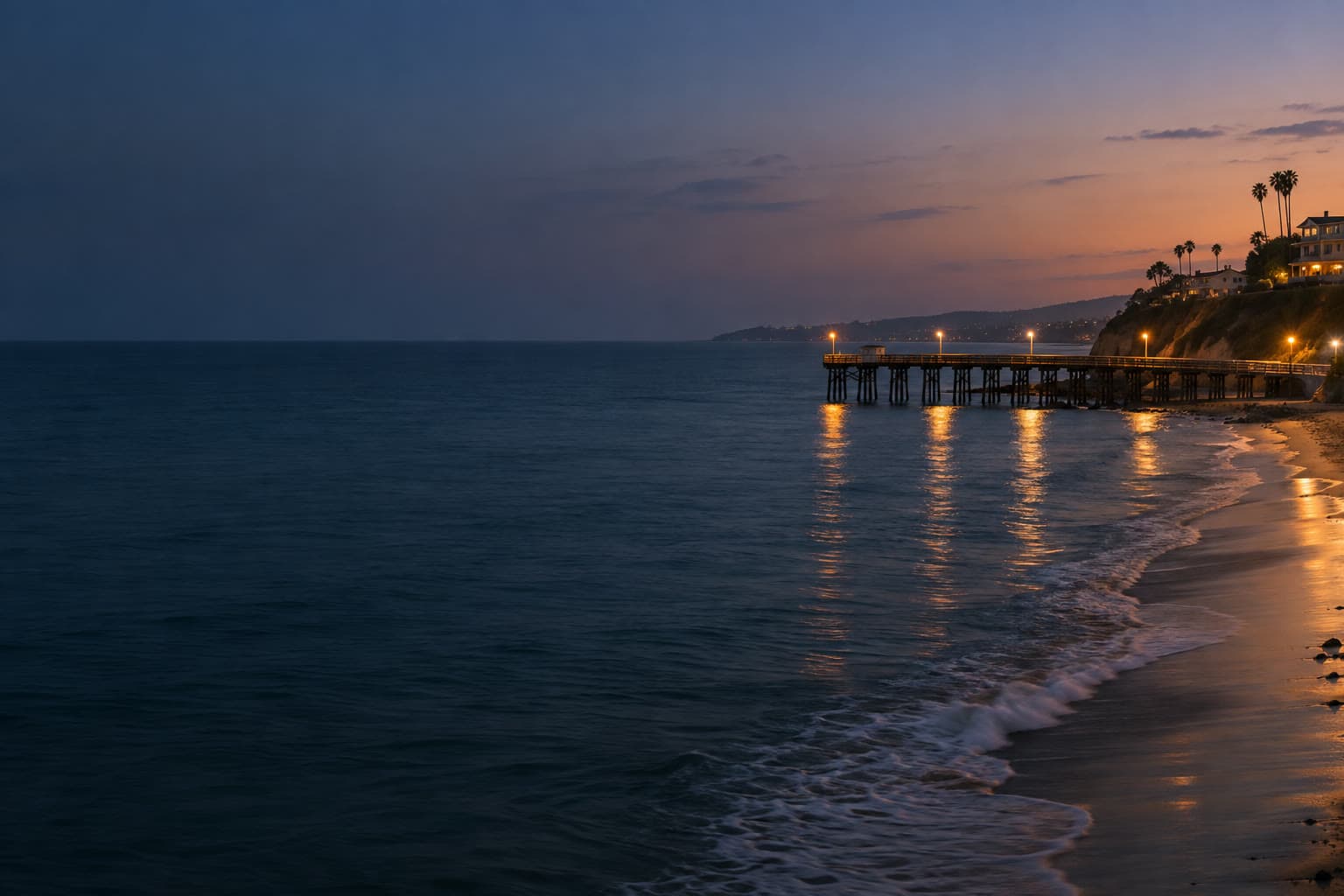 San Clemente pier at dusk, lamps lit along a short wooden pier on the right, with dark Pacific water filling the left.