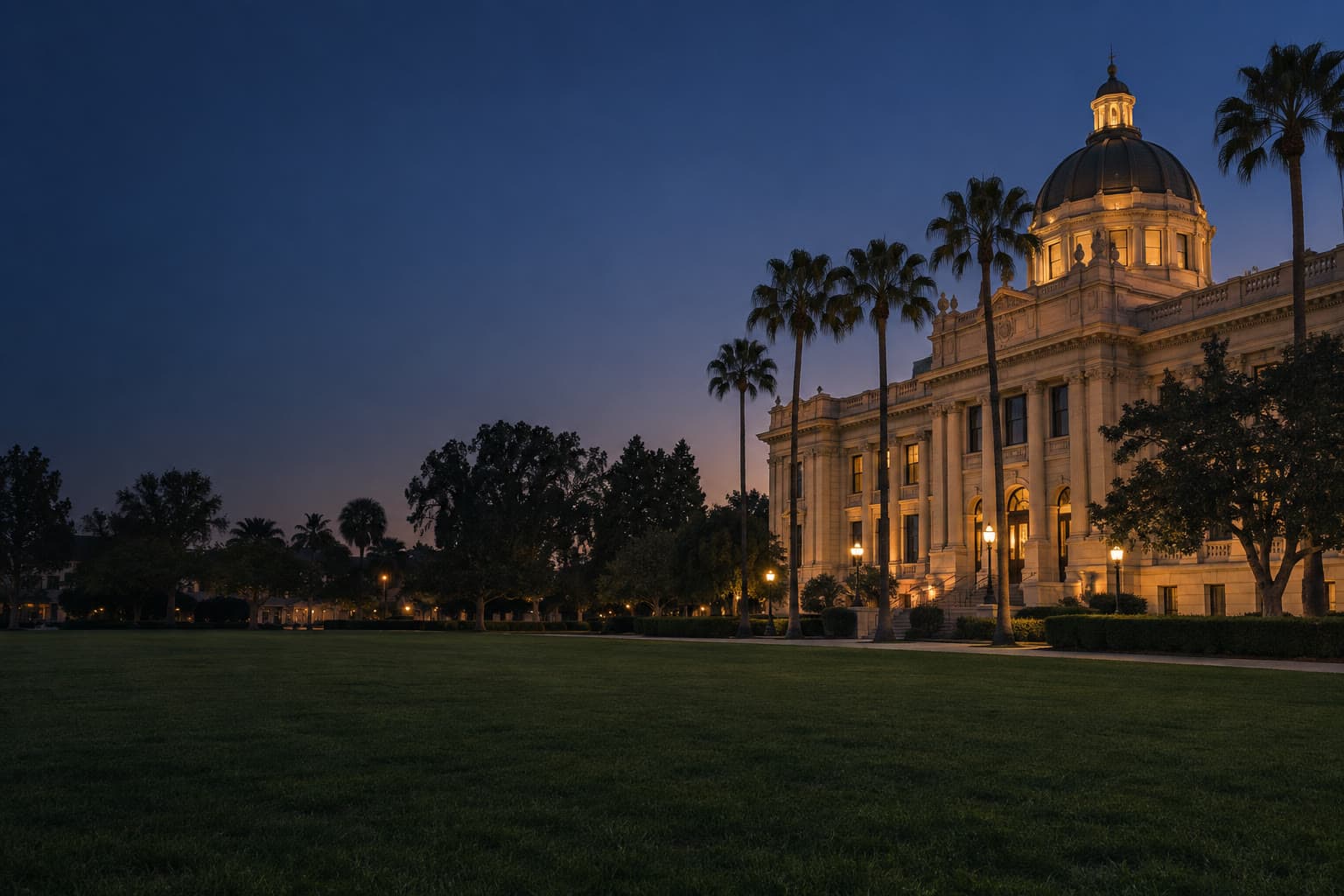 Santa Ana at dusk, the historic courthouse and its dome on the right, across a dark lawn that fills the left of the frame.
