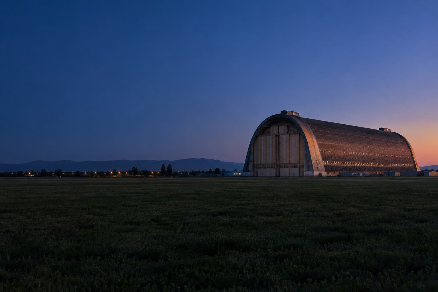 The arched wooden blimp hangar at Tustin Legacy at dusk, seen across a dark grass field under a deep blue sky.