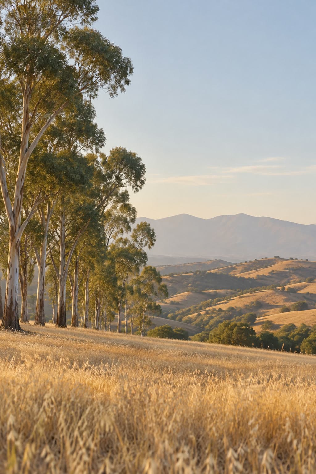 A row of tall eucalyptus trees along a field of golden grass, with foothills and mountains behind.