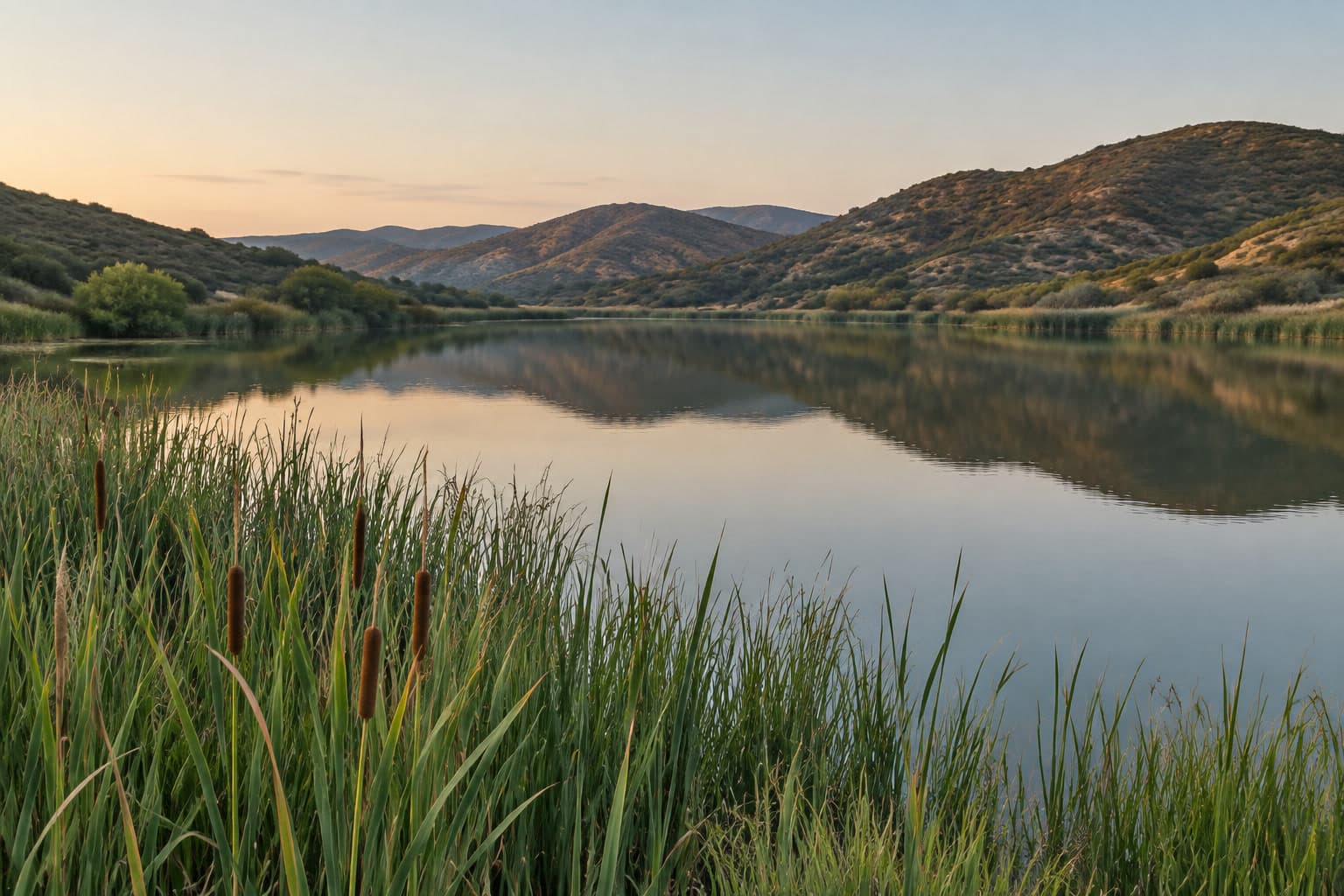 Cattails and tall reeds at the edge of a still reservoir that reflects chaparral-covered hills at dawn.