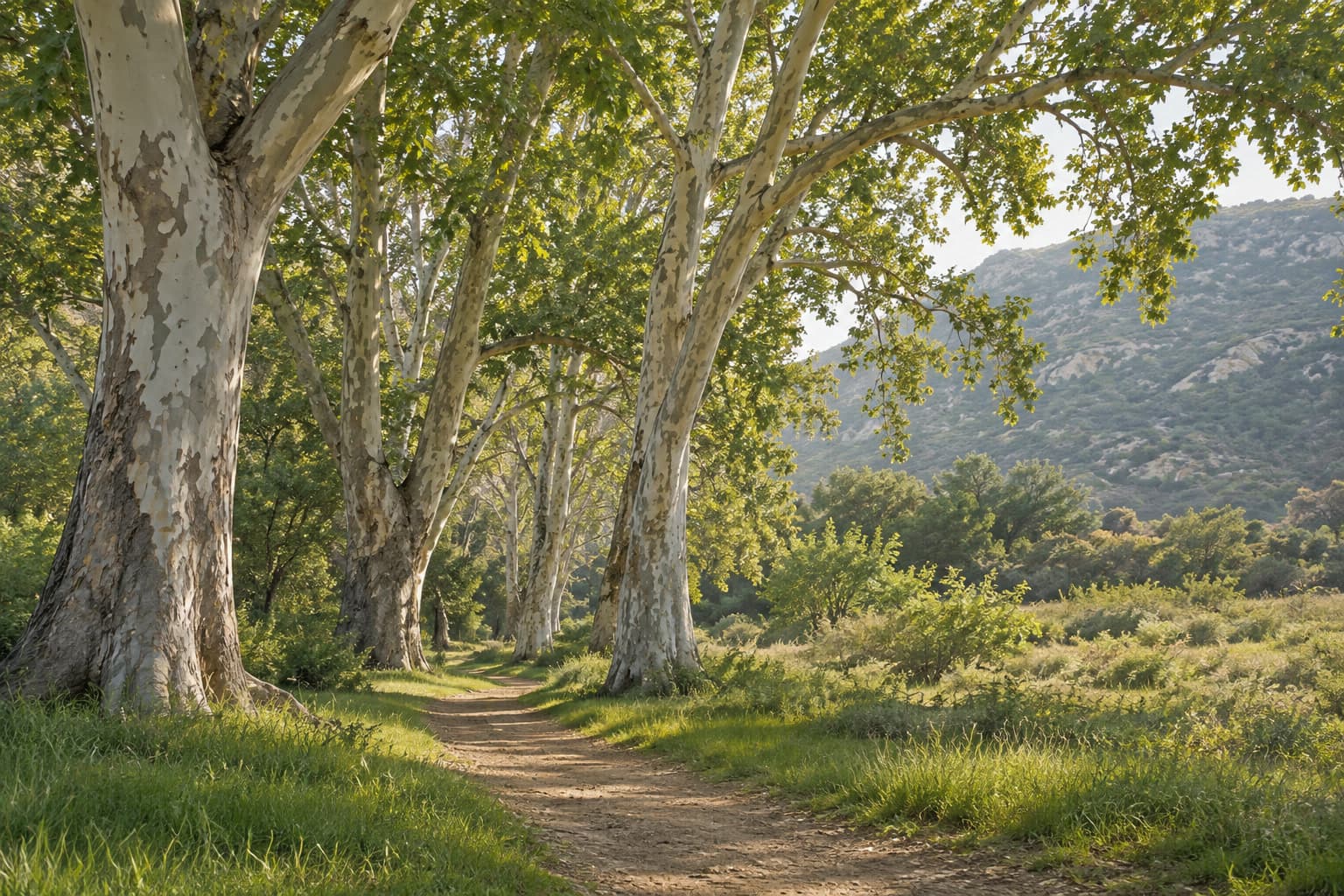 Tall pale-barked sycamores line a quiet dirt path through green grass, with a rocky foothill in soft morning light behind them.