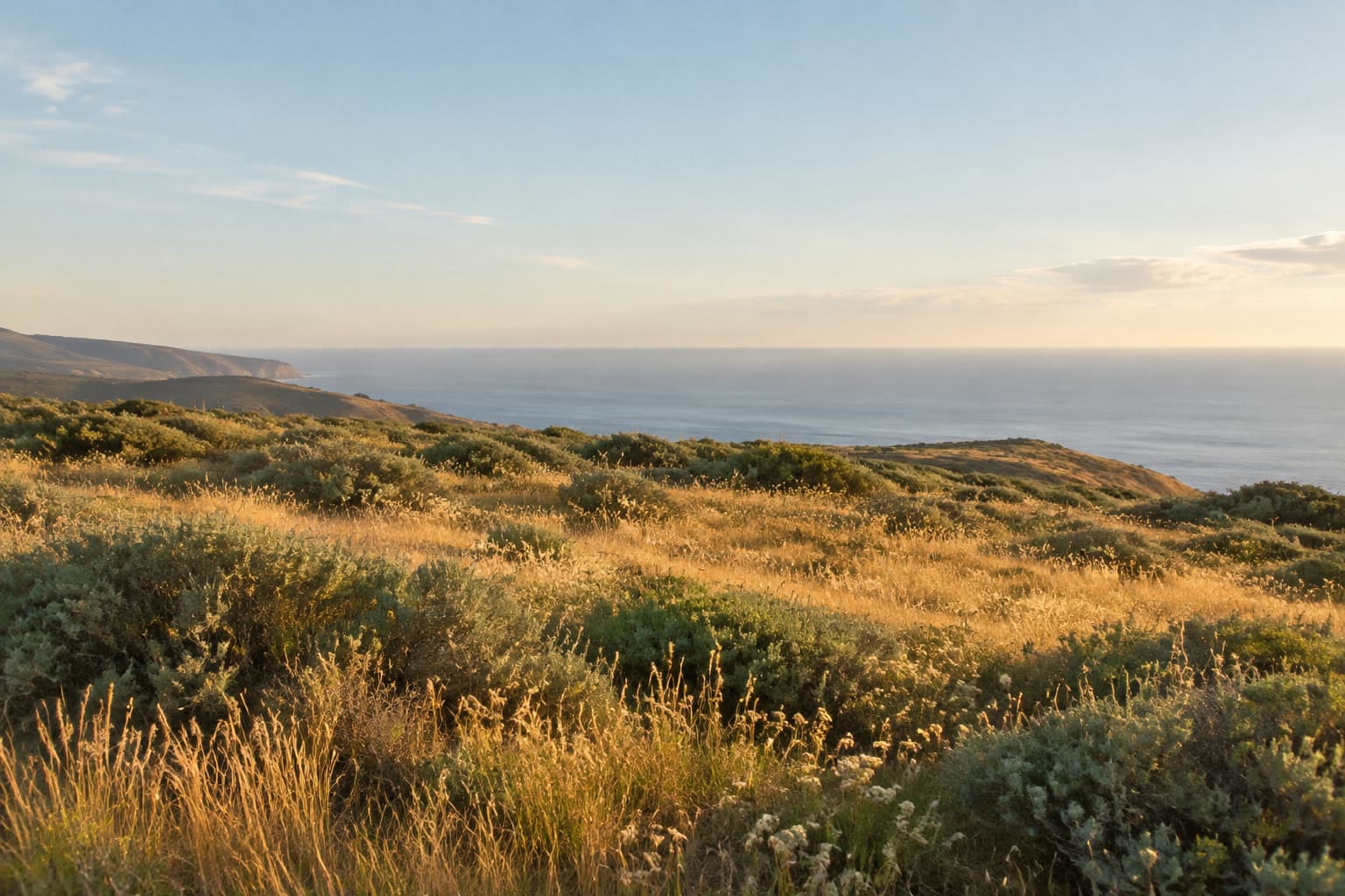 Coastal sage and golden grass on a bluff in late afternoon light, with the Pacific Ocean as a soft blue band in the distance.
