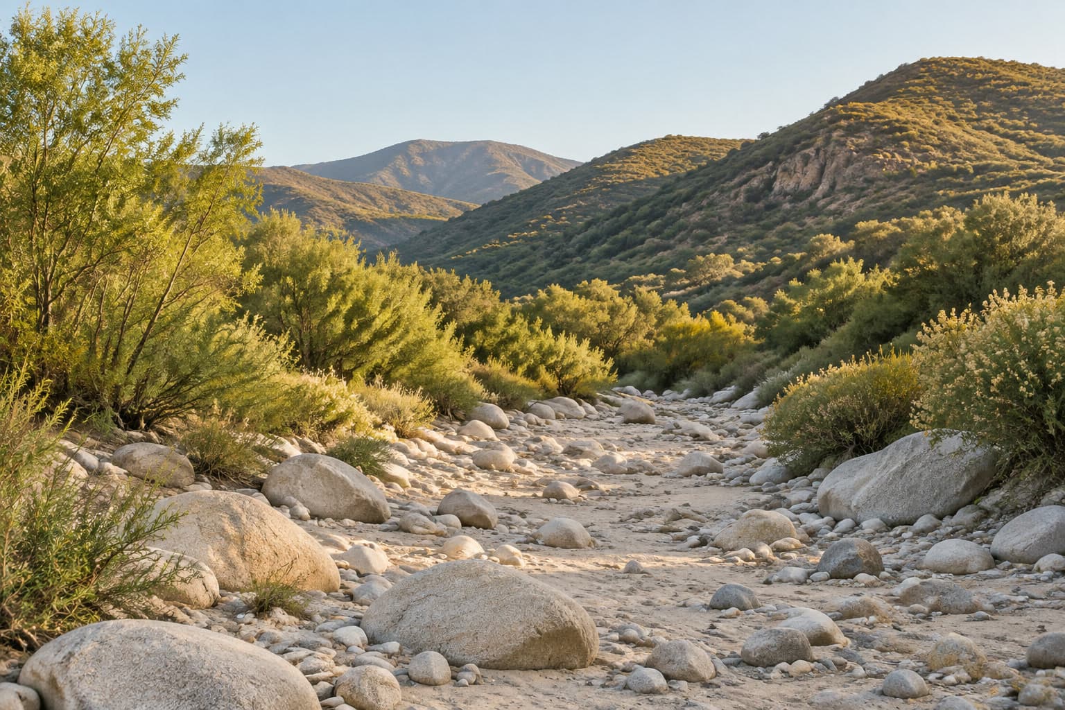A dry creek wash of pale boulders and stones between green willows, with chaparral hills lit by morning sun behind it.
