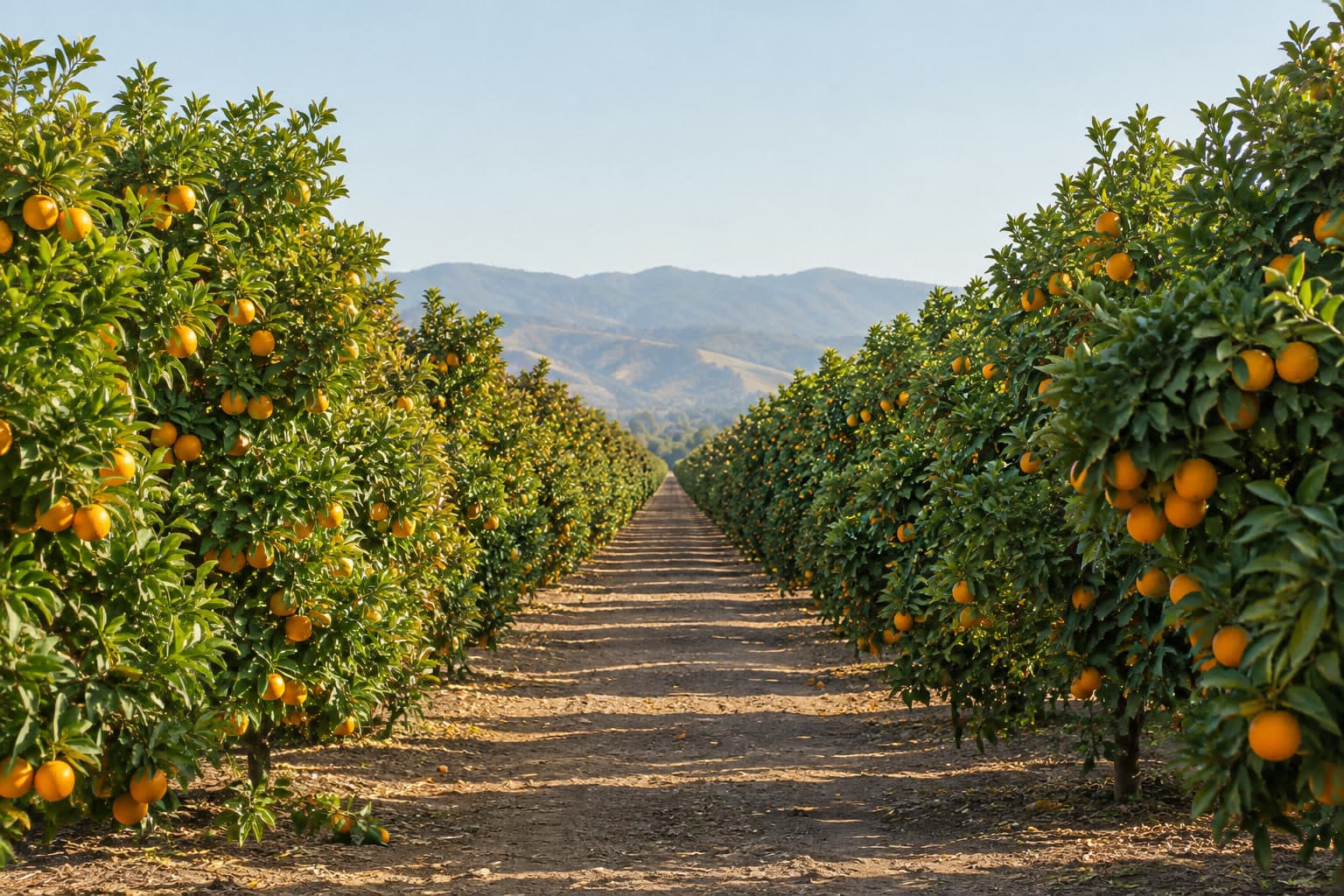 Long straight rows of orange trees heavy with fruit, receding toward hazy foothills under a pale clear sky.
