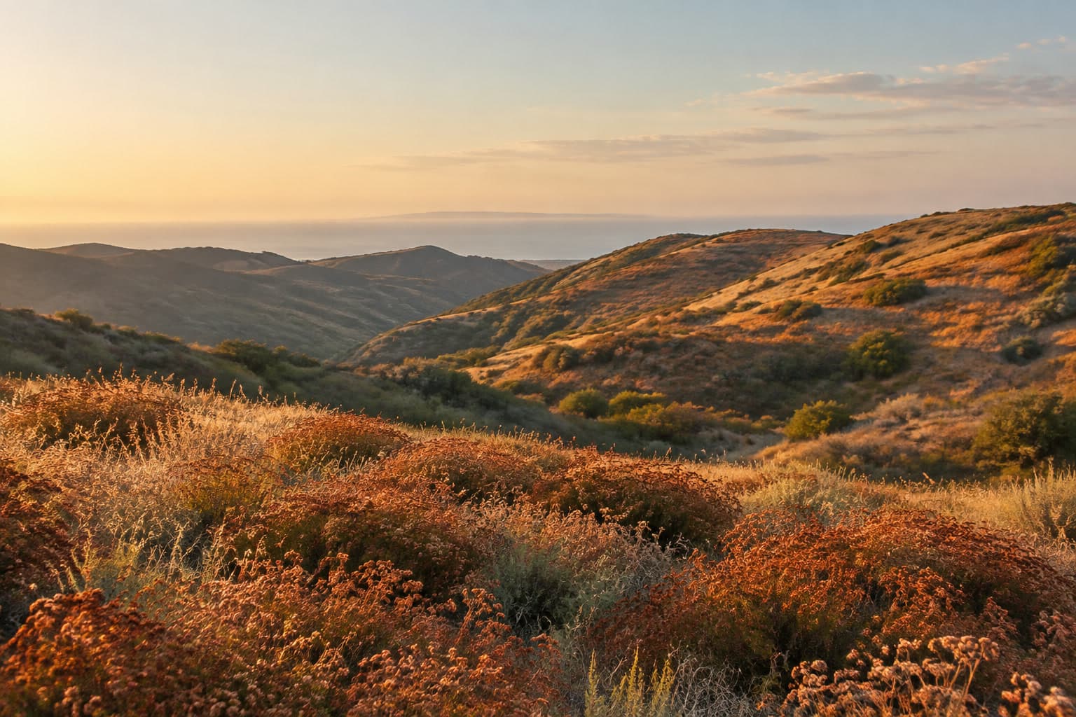 Rust-colored California buckwheat and golden grass on rolling hills in soft early-evening light.