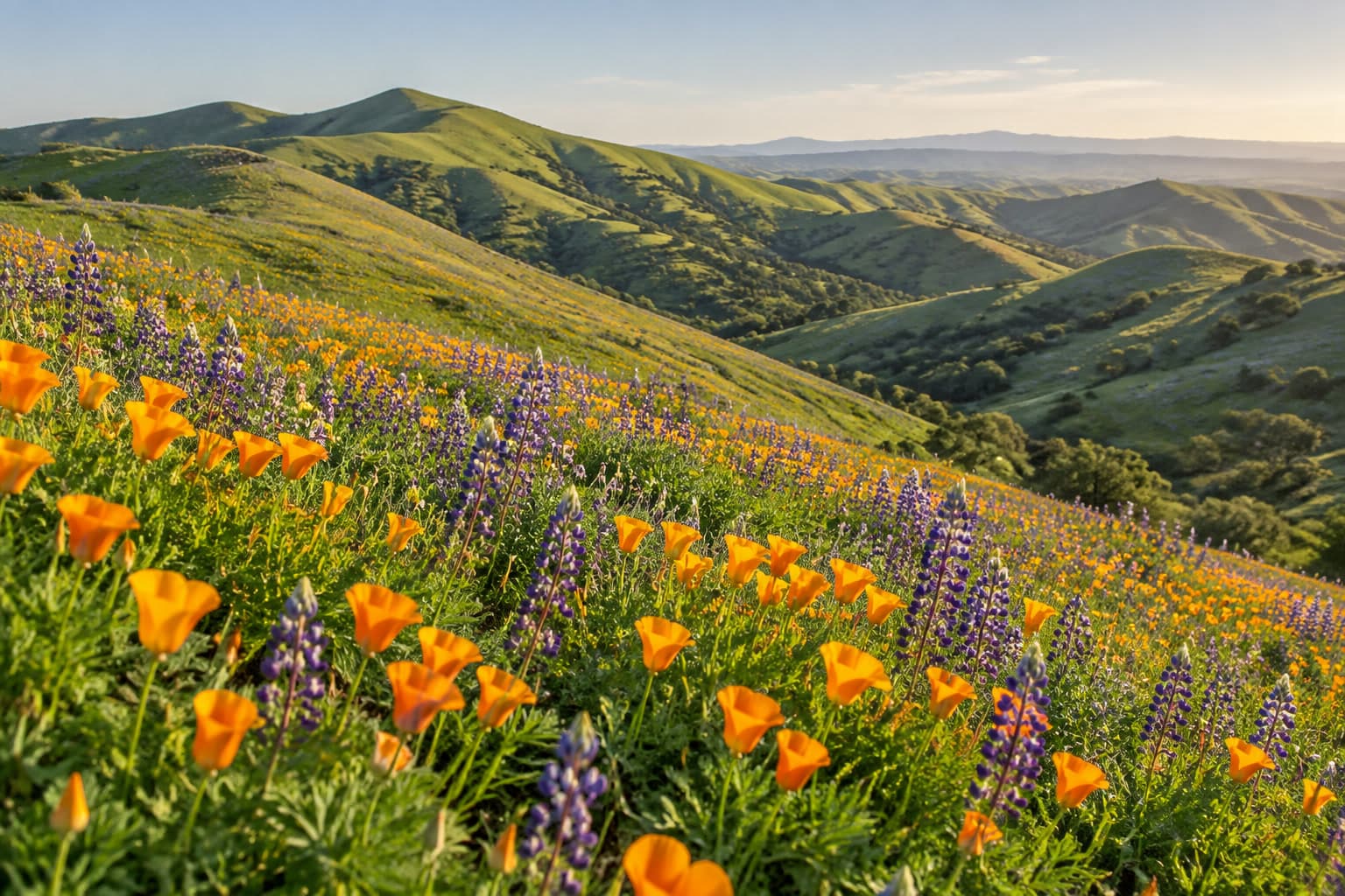 California poppies and purple lupine in bloom across a green hillside, with rounded hills behind in soft morning light.