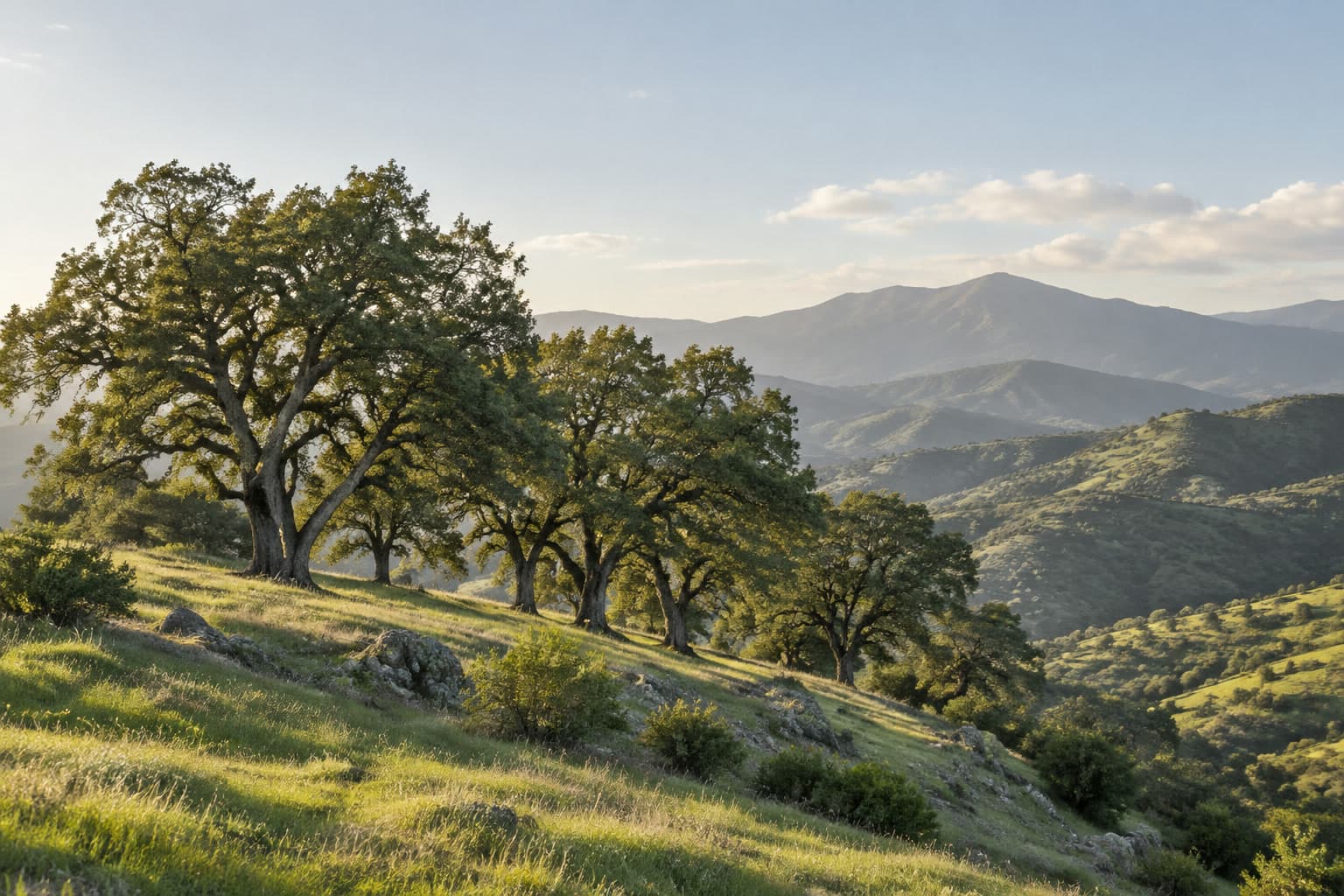 A stand of coast live oaks on a green grassy slope, with the Santa Ana Mountains hazy behind in afternoon light.