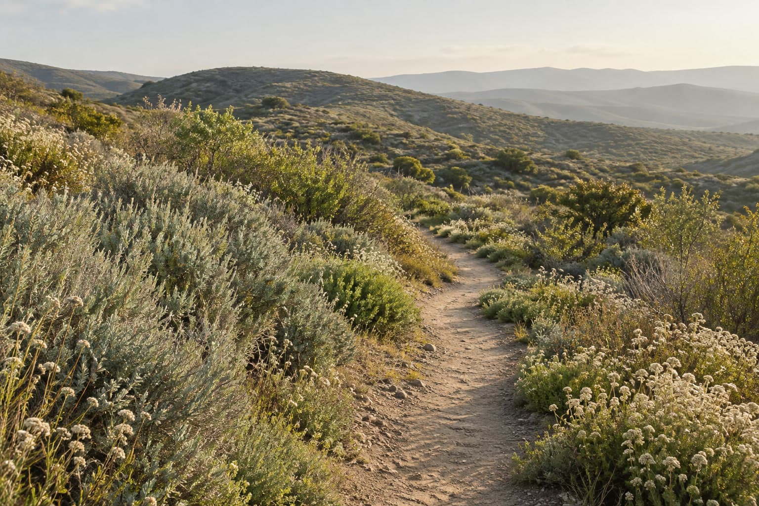 A narrow dirt trail winding through silver-green coastal sage scrub over rolling hills in soft morning light.